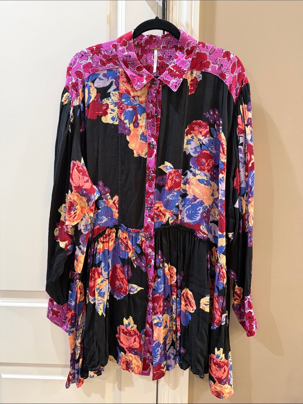 Free People Black Floral Button-Up Tunic with Pink Accents